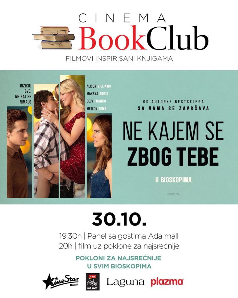 Najnoviji susret knjige i filma, Cinema Book Club uz blokbaster &bdquo;Ne kajem se zbog tebe&ldquo; u CineStar bioskopima 30. oktobra